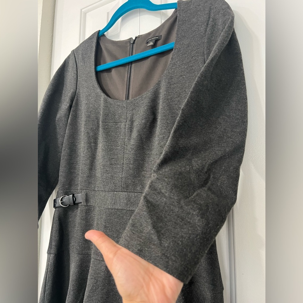 Ann Taylor Womens Gray 3/4 Sleeve Faux Leather Buckle Knit Fit & Flare Dress 6